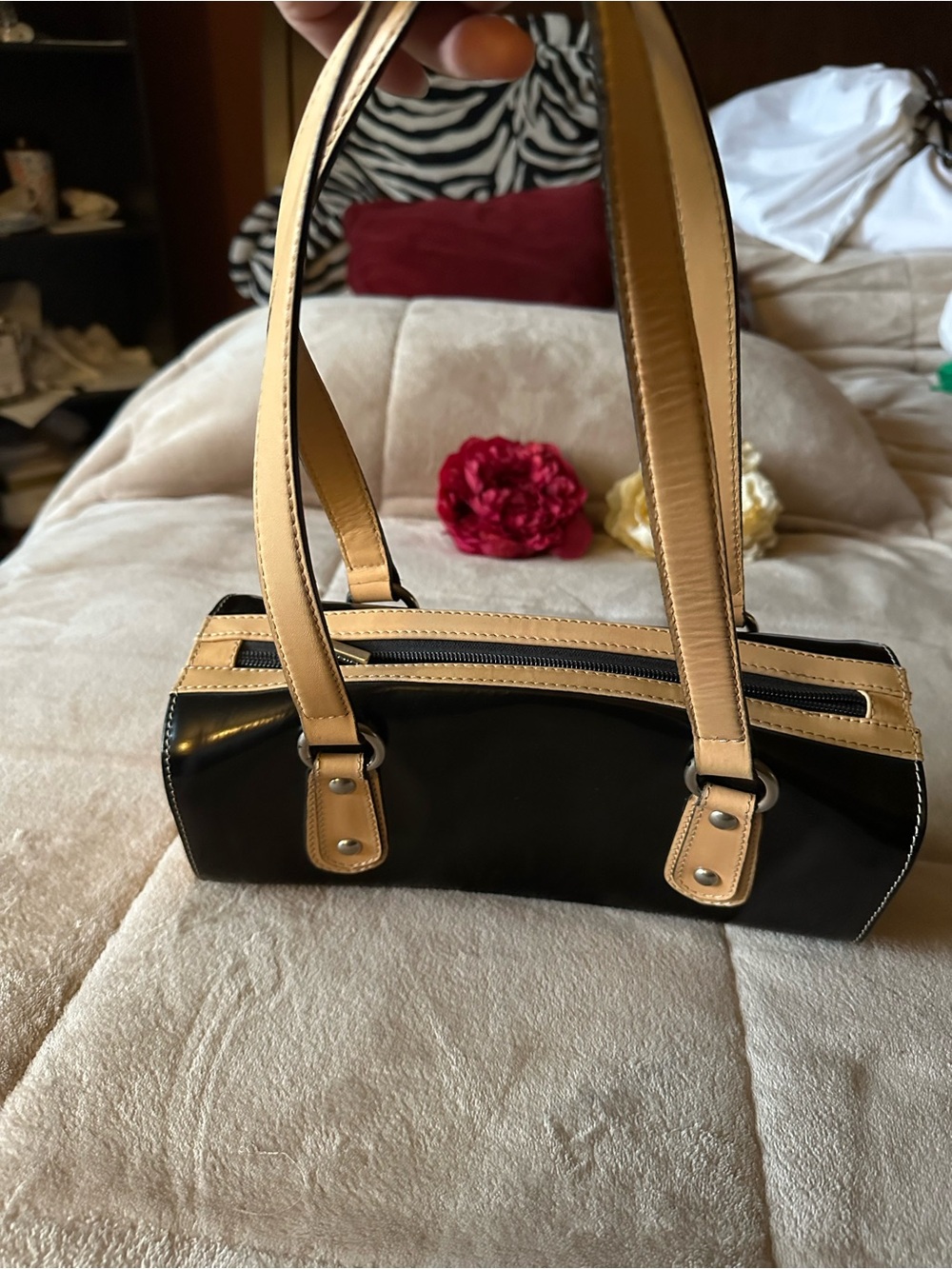 Vintage Patent Mini Barrel Shoulder Bag in Black and Tan